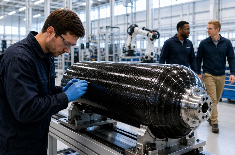 A technician inspects an advanced carbon-fiber pressure vessel inside a modern aerospace manufacturing facility. Blackwave plans to open its first U.S. factory in Texas to produce similar components for the growing space industry.