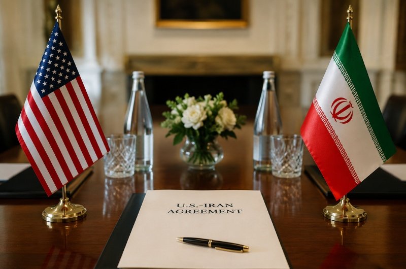 Flags representing the United States and Iran are displayed during a diplomatic meeting as negotiations continue over a proposed peace agreement.