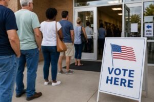 Voters wait to enter a polling location on Election Day as primary contests unfold across several U.S. jurisdictions.