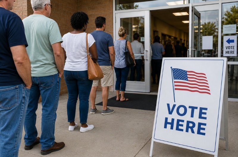 Voters wait to enter a polling location on Election Day as primary contests unfold across several U.S. jurisdictions.