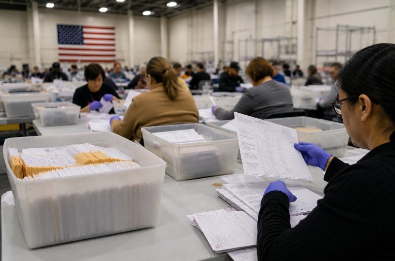 Election workers process ballots following Tuesday's primary elections as vote counting continues in several closely watched races across the country.