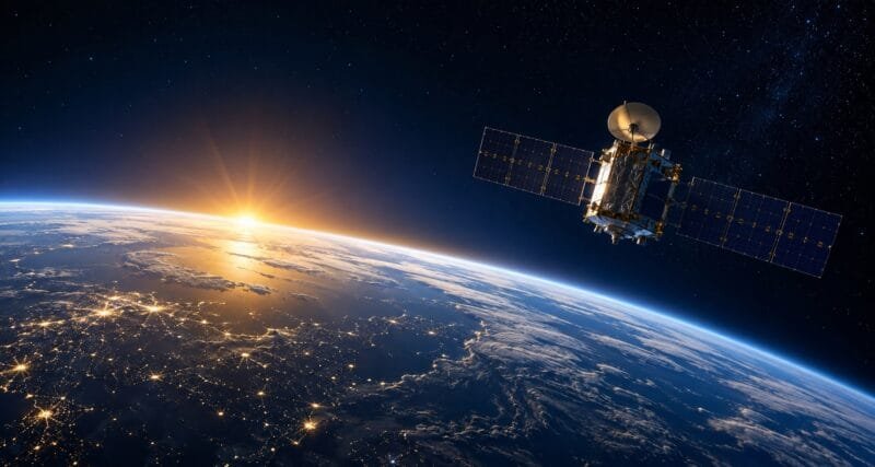 Communications satellite orbiting above Earth at sunrise, representing the global aerospace industry and space technology.