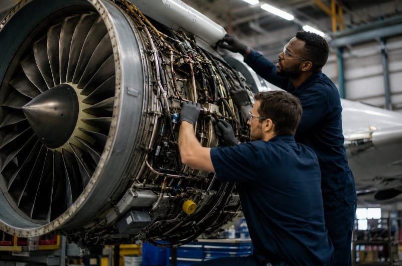 Aircraft maintenance technicians inspect a commercial jet engine as artificial intelligence helps improve the speed and accuracy of engine inspections.