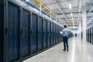 A technician walks through a modern AI data center as technology companies continue expanding the infrastructure powering the next generation of artificial intelligence.