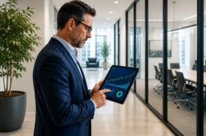 A business professional reviews market performance on a tablet as investor confidence in AI technology companies continues to build amid growing demand for advanced computing, semiconductors, and data center infrastructure.