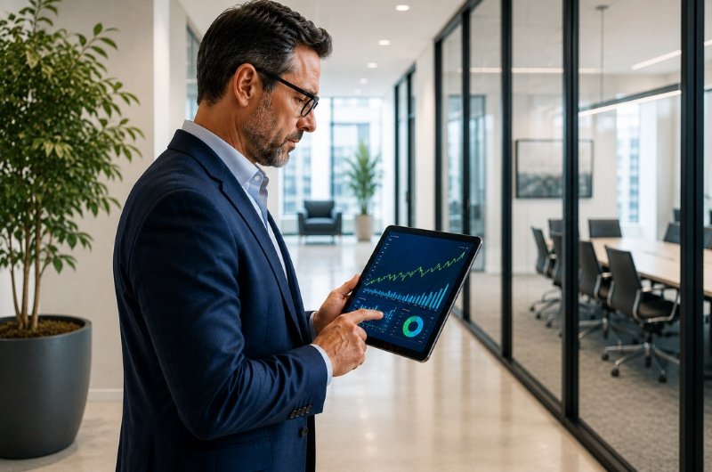 A business professional reviews market performance on a tablet as investor confidence in AI technology companies continues to build amid growing demand for advanced computing, semiconductors, and data center infrastructure.