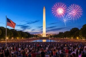 Crowds gather on the National Mall in Washington, D.C., during an Independence Day celebration as communities across the nation mark America's 250th anniversary with a year of patriotic events and commemorations.