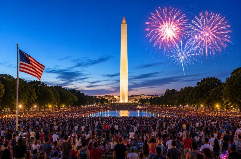 Thousands gather on the National Mall in Washington, D.C., as fireworks illuminate the sky during an Independence Day celebration—part of the nationwide spirit marking America's 250th anniversary.