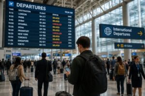 Travelers check flight information inside an international airport terminal as U.S. officials urge Americans abroad to exercise increased caution amid escalating tensions with Iran.