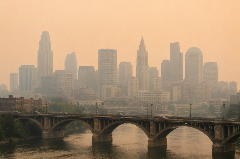 Hazy skies blanket a U.S. city skyline as smoke from Canadian wildfires reduces air quality across parts of the country.