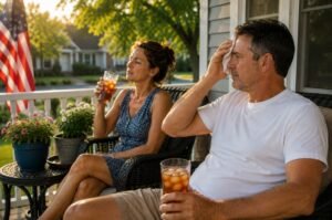 A couple cools off with iced tea on their porch as dangerous heat settles across much of the United States ahead of the Independence Day holiday, Forecasters monitor strengthening El Niño conditions expected to influence weather patterns this summer.
