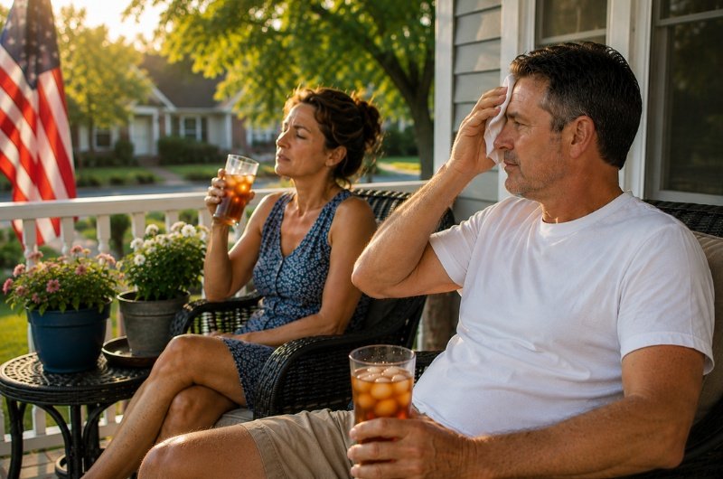 A couple cools off with iced tea on their porch as dangerous heat settles across much of the United States ahead of the Independence Day holiday, Forecasters monitor strengthening El Niño conditions expected to influence weather patterns this summer.