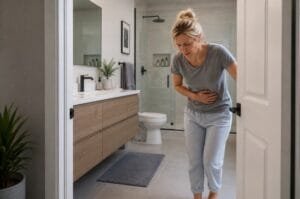 A woman experiencing stomach pain heads out of a bathroom, illustrating one of the common symptoms associated with cyclosporiasis, a parasitic illness currently under investigation by health officials.