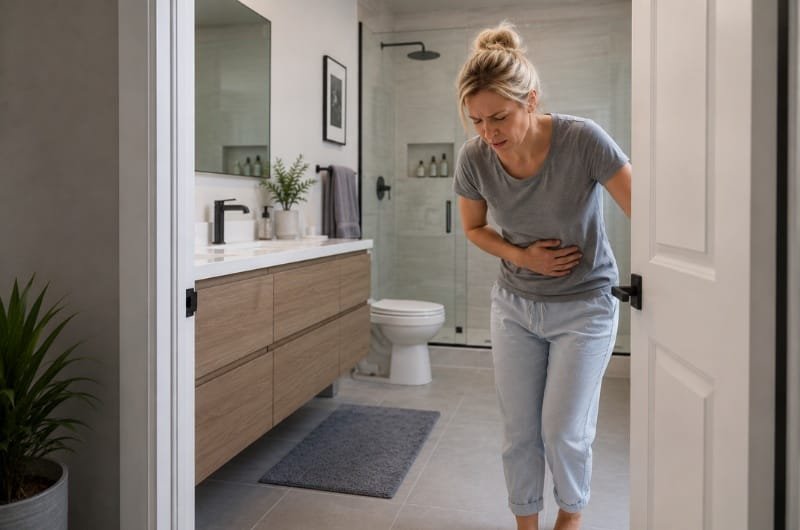A woman experiencing stomach pain heads out of a bathroom, illustrating one of the common symptoms associated with cyclosporiasis, a parasitic illness currently under investigation by health officials.