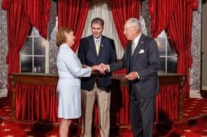 Darline Graham is sworn in by Sen. Chuck Grassley after being appointed to complete the U.S. Senate term of her late brother, Lindsey Graham, becoming the first woman to represent South Carolina in the Senate.