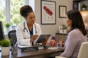 A physician reviews cholesterol test results with a patient during a routine medical consultation. New research suggests that measuring apolipoprotein B (apoB) may provide additional insight into heart disease risk for some individuals.