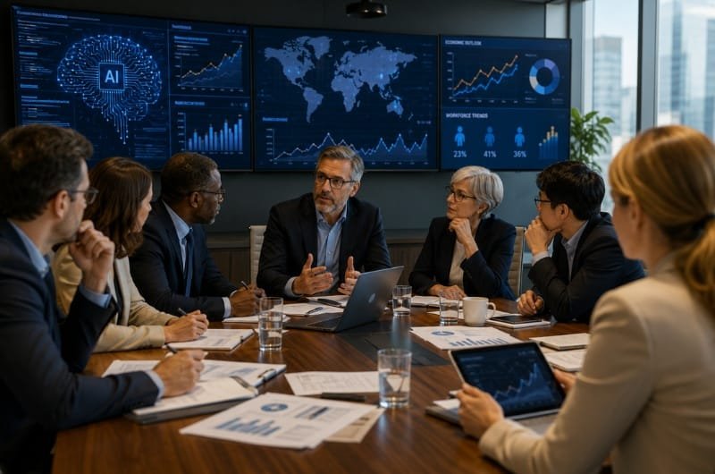 Economists, technology leaders, and policymakers meet to discuss artificial intelligence and its potential impact on the global economy and workforce.
