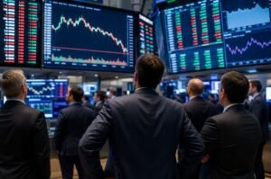 Investors watch market screens as earnings from Microsoft, Meta, Apple and Amazon converge with a pivotal Federal Reserve decision.