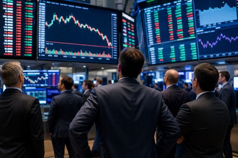 Investors watch market screens as earnings from Microsoft, Meta, Apple and Amazon converge with a pivotal Federal Reserve decision.