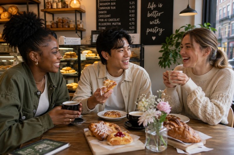 Three friends enjoy coffee and fresh pastries at a neighborhood bakery, reflecting the growing popularity of "little treat culture"—finding simple moments of joy through memorable experiences and small indulgences.