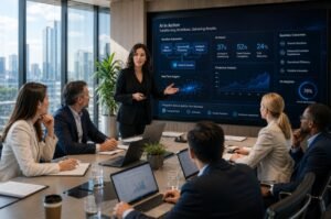 Business leaders and AI specialists collaborate during an enterprise strategy meeting, reflecting Microsoft's new Frontier Company initiative to help organizations integrate artificial intelligence into everyday operations.