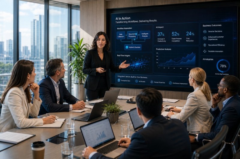Business leaders and AI specialists collaborate during an enterprise strategy meeting, reflecting Microsoft's new Frontier Company initiative to help organizations integrate artificial intelligence into everyday operations.