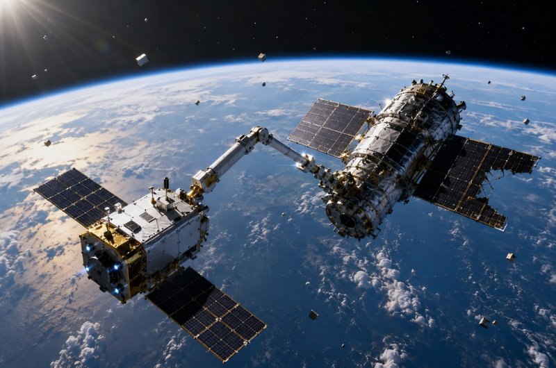 A robotic servicing spacecraft approaches a disabled satellite in low Earth orbit as emerging technologies aim to reduce orbital debris.