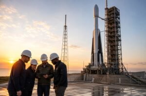 Engineers review launch plans beside a commercial rocket as the FAA proposes changes intended to streamline licensing and accelerate U.S. space operations.