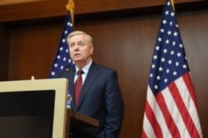 Sen. Lindsey Graham addresses reporters during a press conference in Washington.