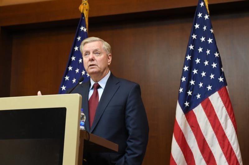 Sen. Lindsey Graham addresses reporters during a press conference in Washington.