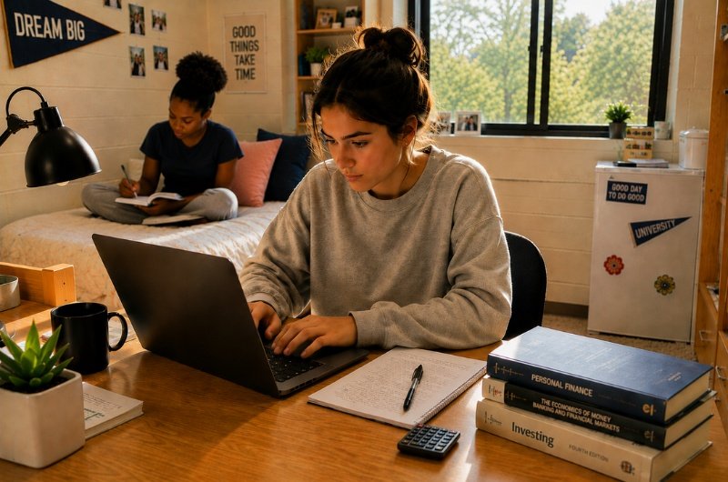 A college student reviews coursework on her laptop while her roommate studies nearby in their dorm room as millions of federal student loan borrowers navigate new repayment rules that took effect in July 2026