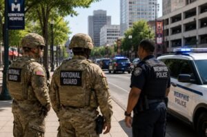 Members of the Tennessee National Guard and the Memphis Police Department stand together in downtown Memphis. The fatal shooting involving National Guard personnel remains under investigation as the victim's family calls for the release of video footage.