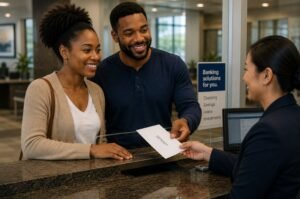 A couple visits a bank to make a deposit as the new Trump Accounts program begins, giving eligible families another option for long-term savings and investing.