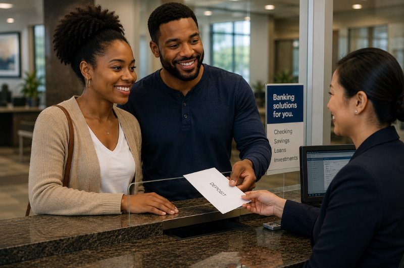 A couple visits a bank to make a deposit as the new Trump Accounts program begins, giving eligible families another option for long-term savings and investing.