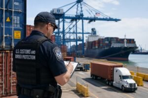 A U.S. Customs and Border Protection officer oversees cargo operations at a major U.S. port as the agency processes billions of dollars in tariff refunds for eligible importers.