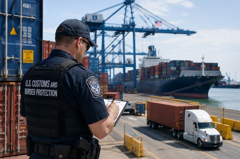 A U.S. Customs and Border Protection officer oversees cargo operations at a major U.S. port as the agency processes billions of dollars in tariff refunds for eligible importers.