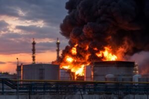 Smoke and flames rise following a reported Ukrainian drone strike inside Russia as both sides continue targeting critical energy infrastructure during the ongoing war.