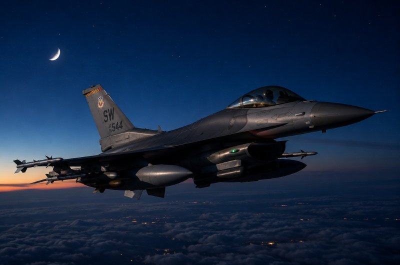 A U.S. Air Force fighter aircraft flies a nighttime mission over the Middle East. The United States carried out a ninth consecutive night of military strikes against Iranian targets following recent attacks on American service members.