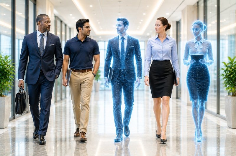 Human employees and AI colleagues symbolize the changing future of work as artificial intelligence reshapes careers across industries.