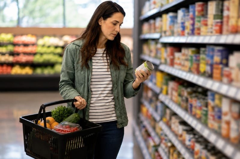 A shopper compares grocery prices at a supermarket after new government data showed U.S. consumer prices declined in June, marking the first monthly drop in inflation since 2020.