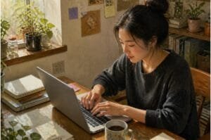 A woman takes an online financial literacy assessment from home, illustrating the growing importance of understanding everyday money decisions.