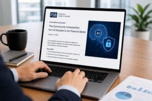 A financial professional reviews cybersecurity information as regulators warn that increasingly powerful AI could increase the speed and scale of cyberattacks across the global financial system.