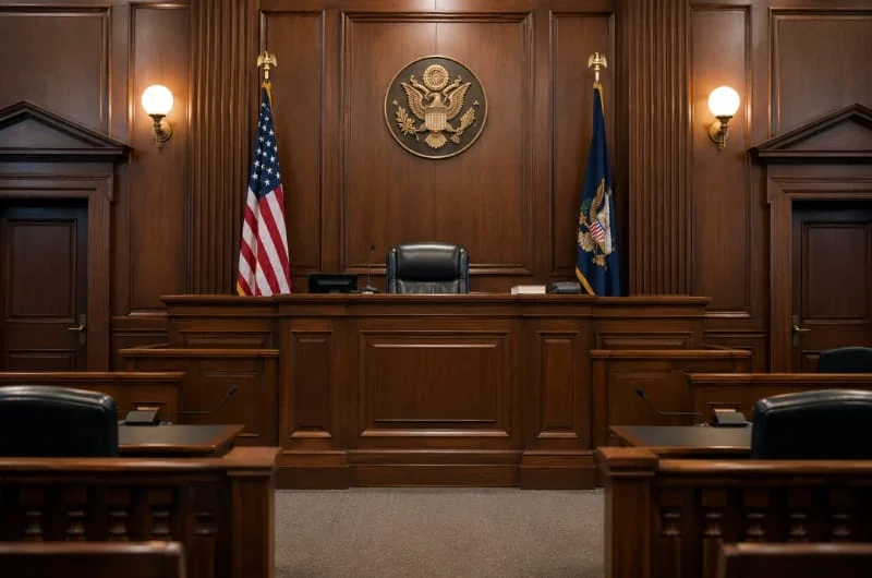 An empty federal courtroom. A judge has blocked the Pentagon from enforcing its blacklist of Anthropic following a dispute over restrictions on military uses of the company's Claude AI models.