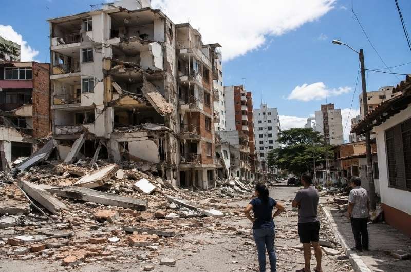 Extensive damage is seen across a neighborhood in western Colombia following the powerful earthquake that struck the region Monday.