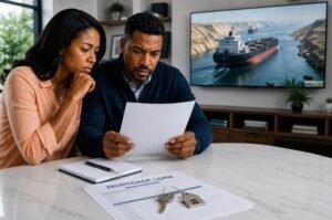 A couple reviews mortgage paperwork as rising energy prices and elevated Treasury yields add pressure to borrowing costs for American households.
