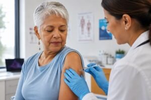An older woman receives a flu vaccine during a medical visit as a new mRNA-based option becomes available for Americans age 50 and older.