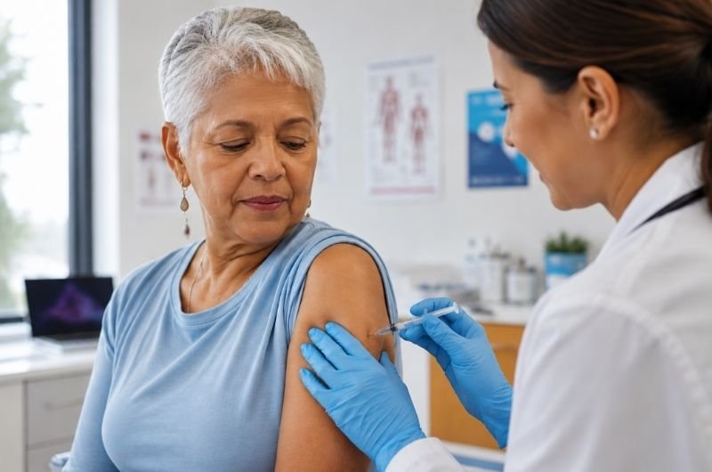 A woman receives a flu vaccine during a medical visit as a new mRNA-based option becomes available for Americans age 50 and older.