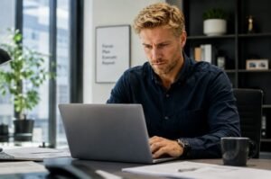 Focused work in a modern office on a laptop.