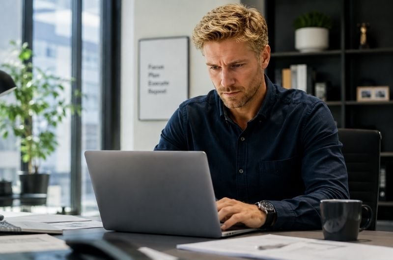 Focused work in a modern office on a laptop.