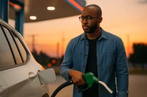 A driver fills up at a gas station as the new U.S.–Venezuela oil agreement raises questions about whether additional crude supplies could eventually bring relief at the pump.